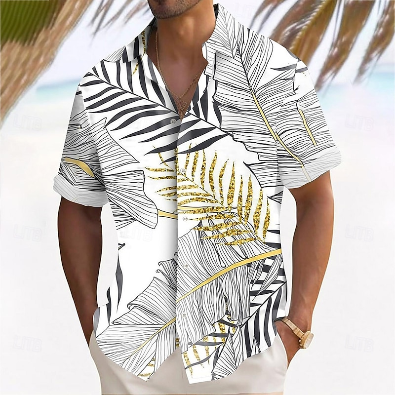 Men's Palm Leaf Tropical Plants Summer Hawaiian Shirt Button Up Shirt Aloha Shirt Short Sleeve Hawaiian Resort Vacation Holiday Beach Wear Summer Spring Turndown 3D Print Collared Shirts White
