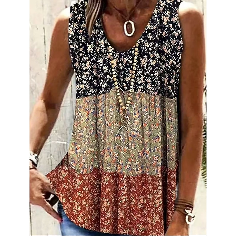 Women's Tank Top Camisole Tank Top Floral Bohemia Ethnic Sleeveless V Neck Regular Tops Daily Holiday Print Royal Blue Blue Camel Fuchsia Green Summer