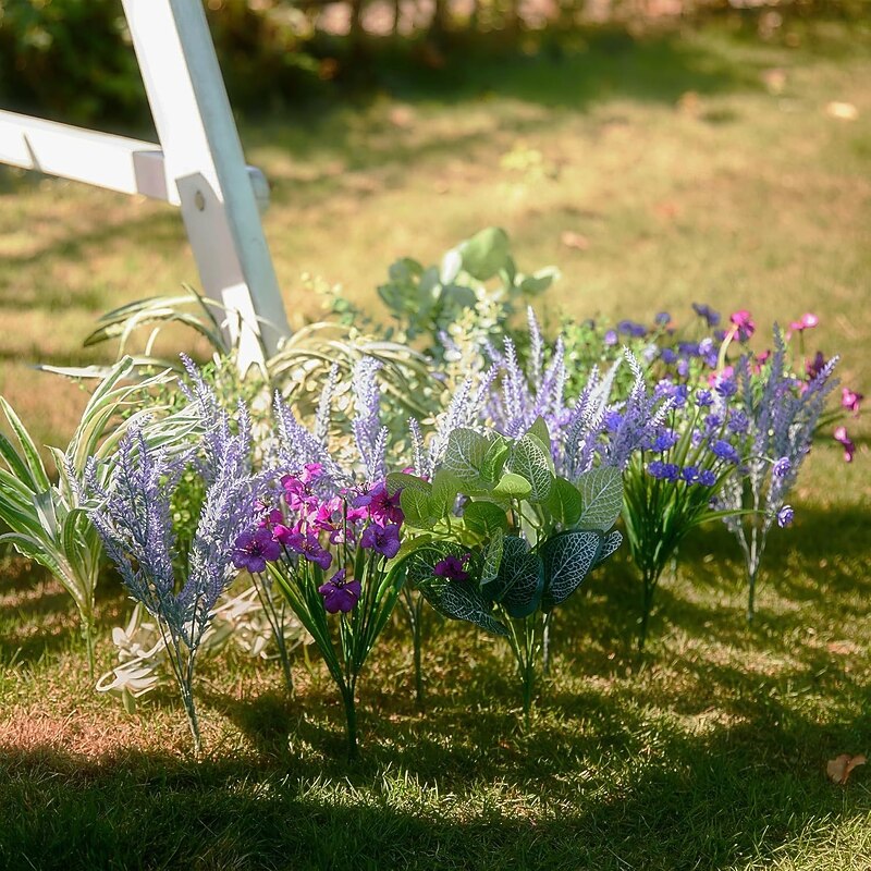 18 Bundles Artificial Flowers and Greenery for Outdoor Decor, Realistic Faux Monstera Leaves, Durable Garden Plant Set for Patio and Yard Decoration4