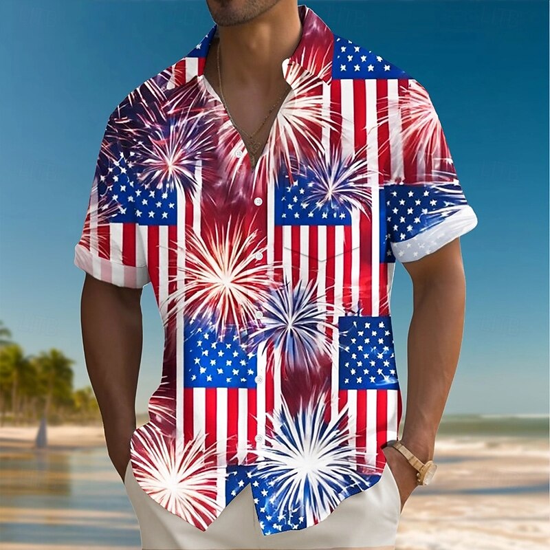 Independence Day Men's American US Flag Patriotic Fireworks Shirt Summer Shirt Button Up Shirt Short Sleeve Fashion Casual Holiday Summer Spring Turndown 3D Print Collared Shirts Front One Pocket Red3