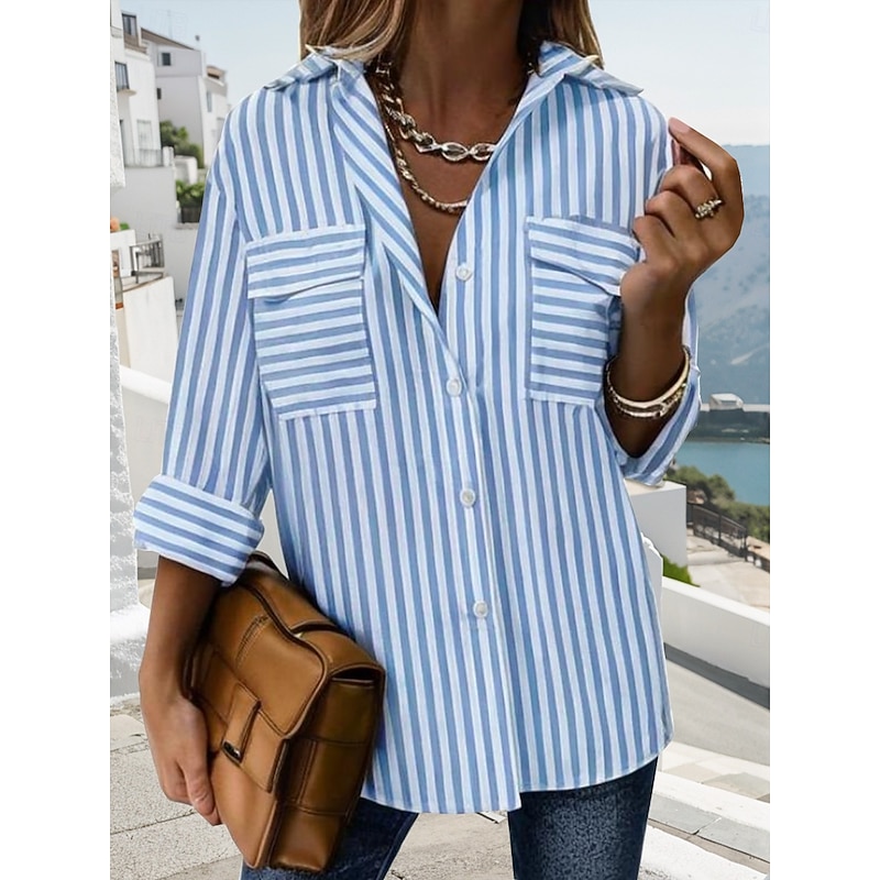 Women's Shirt Long Sleeve Button Down Blouse BGeometric Striped Vintage Tropical Stylish Shirt Collar Regular Tops Work Daily Holiday Buttons Pocket Print Blue Summer Spring