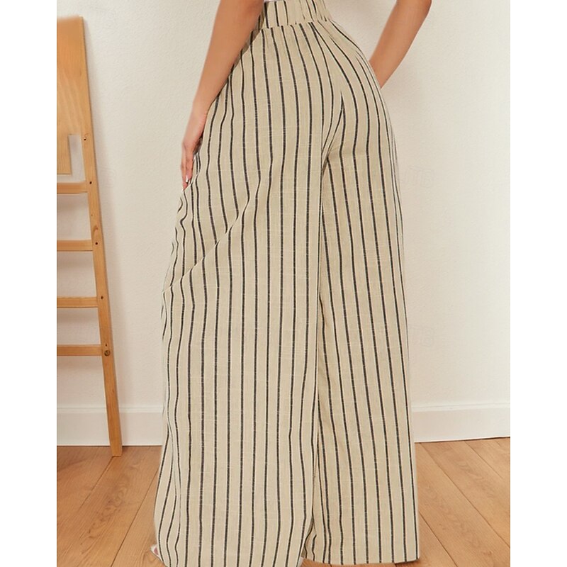 Women's Cotton Linen Pants Slacks Fashion Streetwear Full Length Natural Striped Pocket Elastic Waist Comfy Comfortable Outdoor Street Khaki Summer Regular Fit3