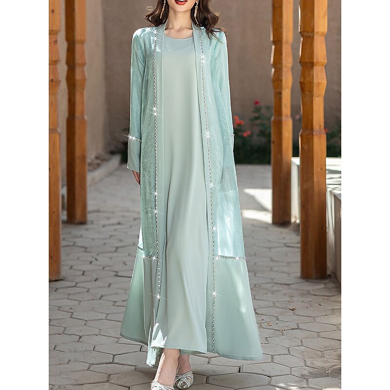 A-Line Mother of the Bride Dress Elegant Vintage Crew Neck Floor Length Satin Long Sleeve with Beading4