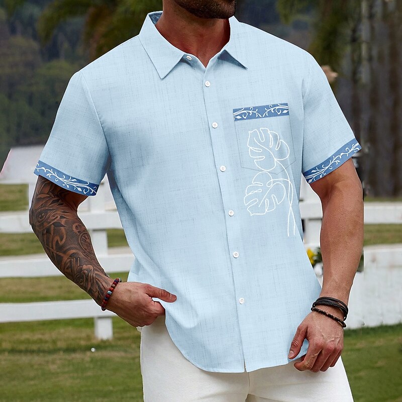 Men's Palm Leaf Tropical Plants Shirt Summer Hawaiian Shirt Aloha Shirt Short Sleeve Hawaiian Vacation Holiday Streetwear Summer Turndown 3D Print Front One Pocket Linen Like Shirt Pink Blue Green2