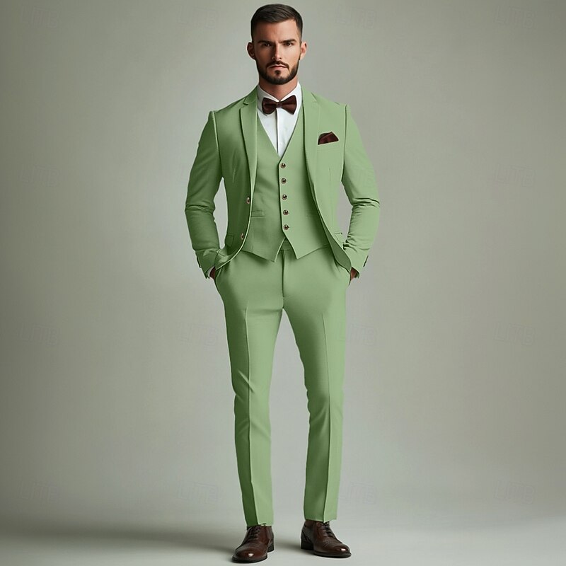 Men's Wedding Party Suits Notch Lapel Sage Formal Solid Colored Standard Fit 3 Piece Single Breasted Two-buttons2