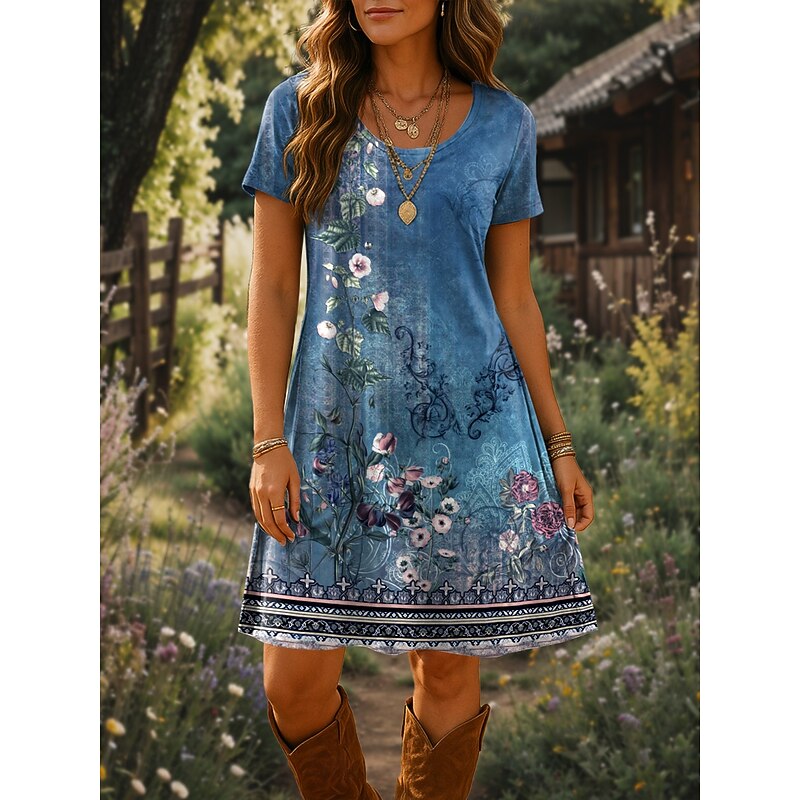 Women's Mini Dress T Shirt Dress Tee Dress A Line Dress Summer Dress Vacation Casual Boho Daily Going out Beach Regular Fit Floral Graphic Paisley Short Sleeve Crewneck Black Blue Beige Summer Spring2