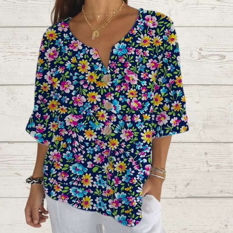 Women's Shirt Summer Tops Floral Graphic Classic Casual 3/4 Length Sleeve V Neck Regular Tops Daily Weekend Print Rainbow Summer Spring Fall