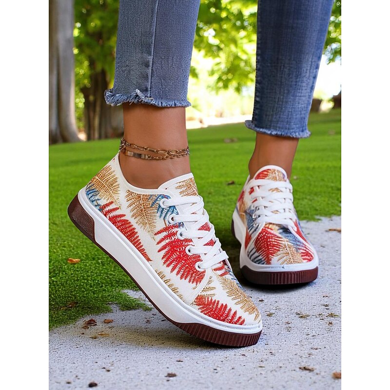 Women's Colorful Leaf Print Fabric Sneakers – Casual Lace-Up Walking Shoes for Nature-Loving Women, Ideal for Outdoor Strolls and Daily Wear3