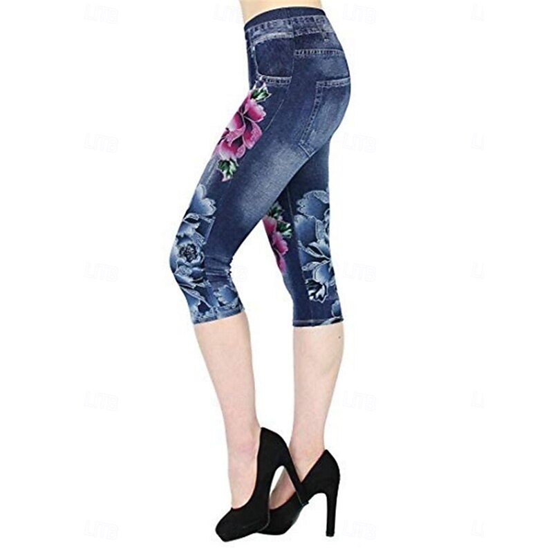 Women's Leggings Capri Pants 3D Print Chinos Leggings Vacation Vintage Casual Calf-Length High Waist Floral Printing Comfy Soft Comfortable Stretchy Outdoor Vacation Street Blue Summer Slim Fit2