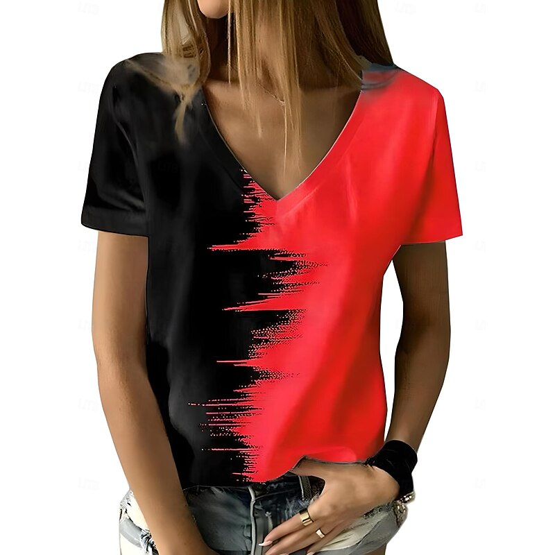 Women's T Shirt Graphic Geometric Color Gradient Vintage Stylish Modern Short Sleeve V Neck Regular Tops Daily Print White Yellow Red Blue Purple Summer Spring