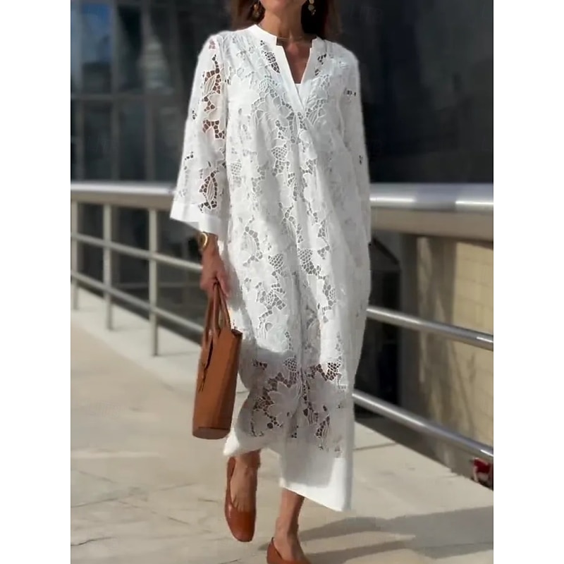 Women's Maxi Dress Shift Dress Summer Dress Casual Daily Regular Fit Plain 3/4 Length Sleeve Notched Neck White Summer
