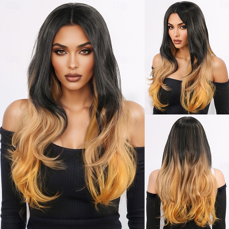 Synthetic Wig Wavy Deep Wave Layered Haircut With Bangs Machine Made Wig 24 inch A1 Synthetic Hair Women's Classic Comfortable Color Gradient Multi-color