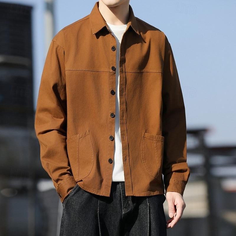 Men's Shirt Casual Shirt Shirt Jacket Plain Vacation Daily Wear Black Orange Army Green Coffee Long Sleeve Lapel Spring Autumn / Fall Clothing Apparel Pocket