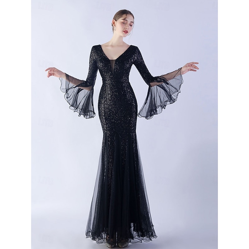 Mermaid / Trumpet Quinceanera Dresses Elegant Dress Formal Wedding Floor Length Long Sleeve V Neck Sequined with Sequin