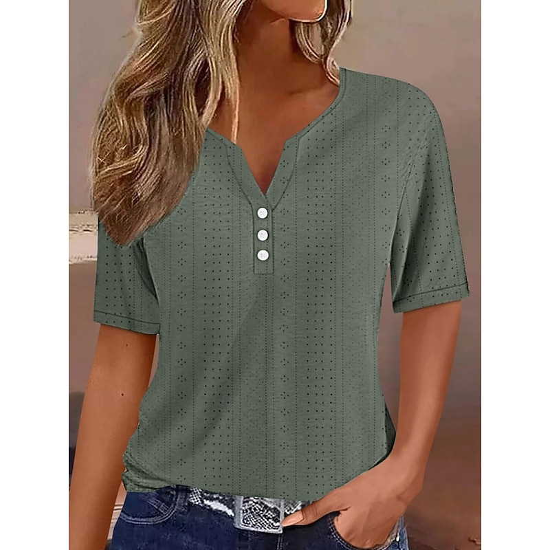 Women's T Shirt Solid Color Plain Stylish Modern Casual Short Sleeve V Neck Regular Tops Daily Weekend Eyelet Black White Pink Blue Purple Summer
