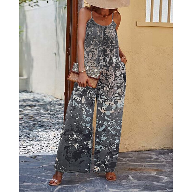 Women's Normal Jumpsuit Streetwear Floral Sleeveless U Neck Pocket Print Street Weekend Regular Fit Dark Gray Summer