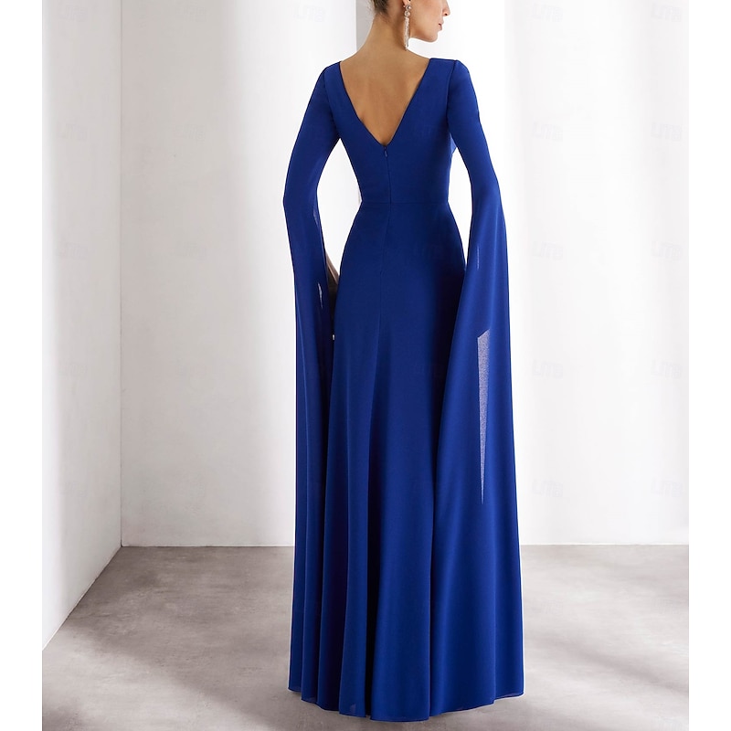 Chiffon A-Line Evening Gown Elegant Dress Formal Wedding Guest Floor Length Long Sleeve Boat Neck with Ruched2