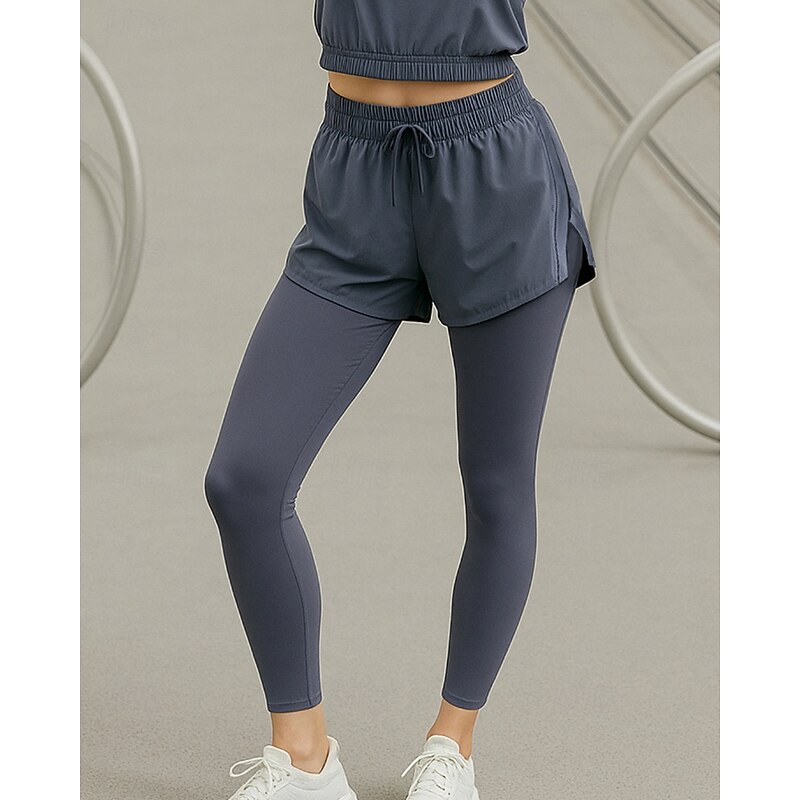 Women's Yoga Pants Yoga Leggings Drawstring Pocket 2 in 1 Pilates Fitness Yoga Pants Solid Color Black Pink Purple Spandex Sports Activewear Micro-elastic