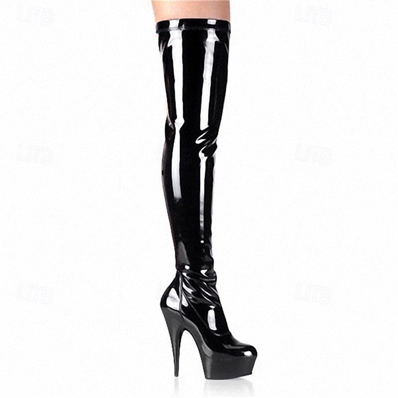 Women's Black Faux Patent Leather Thigh High Boots – Platform Stiletto Over-the-Knee Boots for Clubwear, Night Out, and Performance
