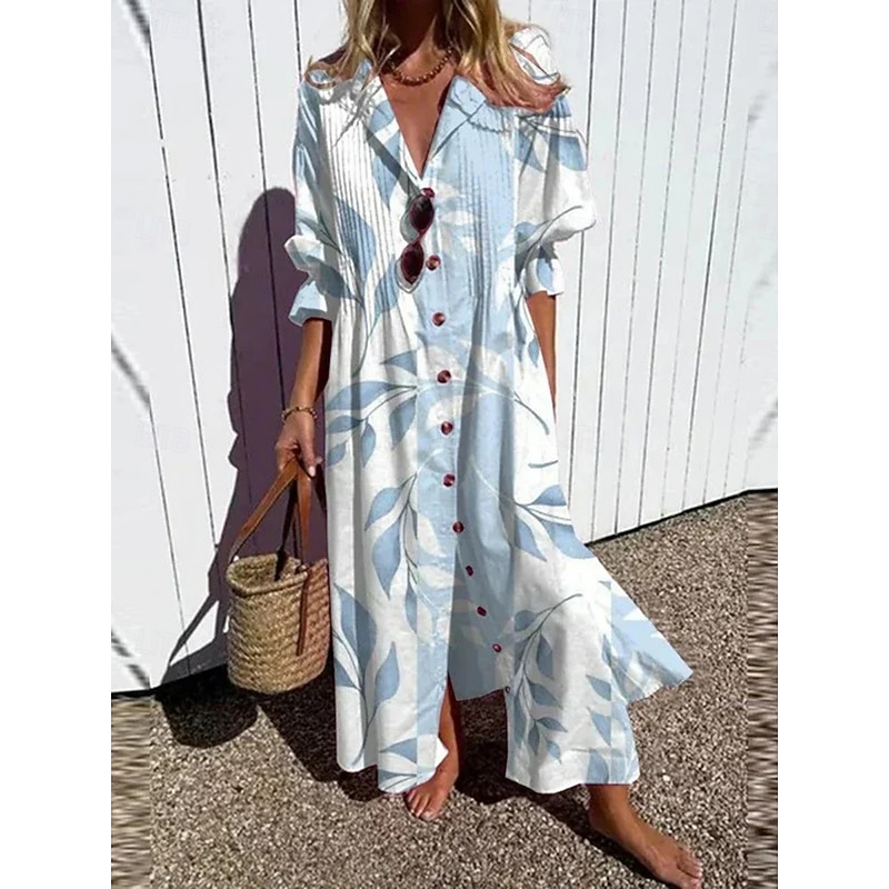 Women's Maxi Dress A Line Dress Casual Outdoor Going out Regular Fit Floral Long Sleeve V Neck White Blue Orange Green Summer Spring