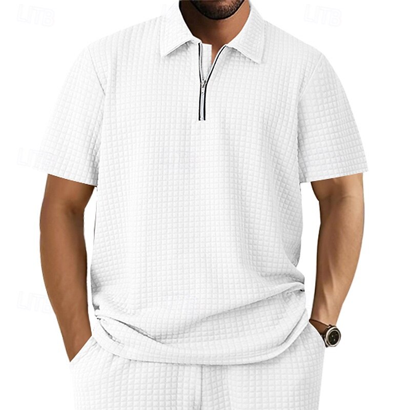 Men's Waffle Polo Shirts Quarter Zip Polo Daily Holiday Lapel Short Sleeve Fashion Basic Plain Jacquard Summer Regular Fit Black White Khaki Light Grey Army Green Waffle Polo Shirts2
