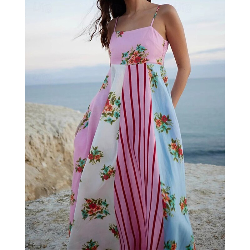 Women's Long Dress Maxi Dress Cotton Linen Dresses Casual Dress Fashion Outdoor Party Holiday Regular Fit Flower Sleeveless Spaghetti Strap Pink Summer2