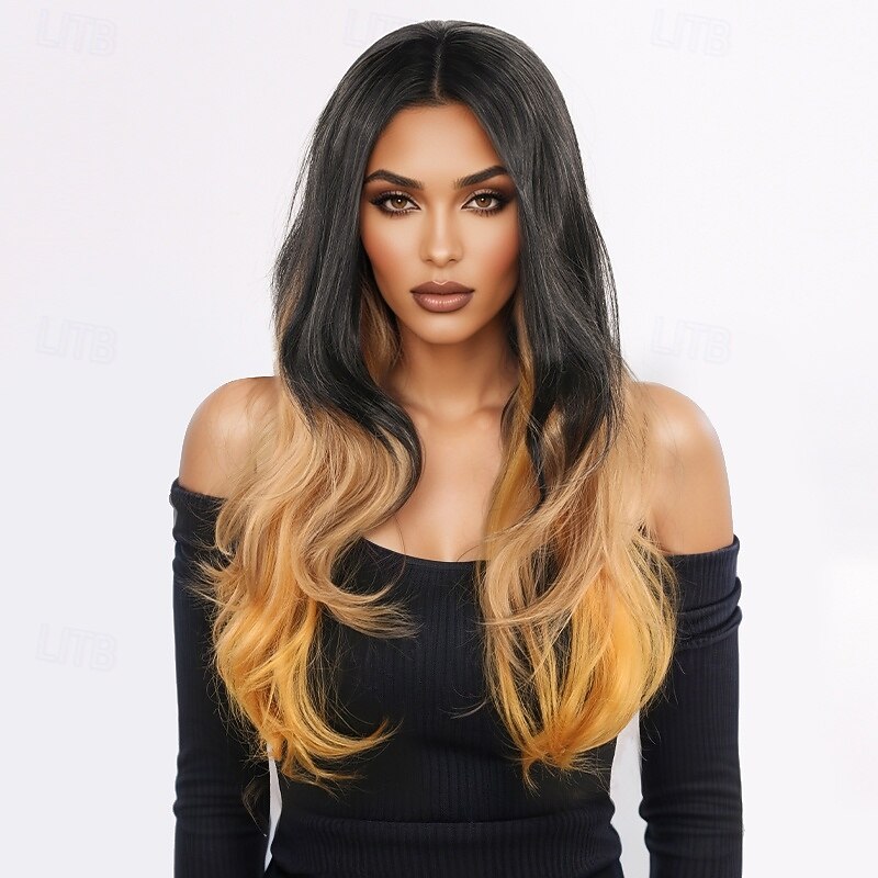 Synthetic Wig Wavy Deep Wave Layered Haircut With Bangs Machine Made Wig 24 inch A1 Synthetic Hair Women's Classic Comfortable Color Gradient Multi-color4