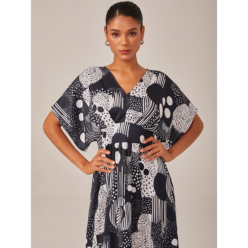 Women's Female Casual Dress Midi Dress Black-white Short Sleeves Geometric Print Summer V Neck Vacation XS S M3