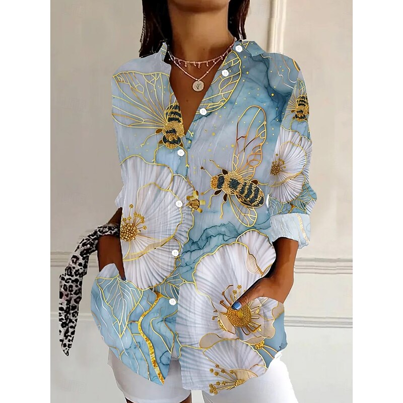 Women's Shirt Button Down Tunic Shirt Collar Long Sleeve Floral Graphic Vintage Tropical Daily Regular Tops Work Daily s Print Light Blue Spring