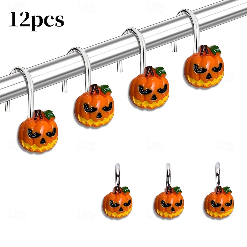 Halloween Shower Curtain Hooks for Halloween Bathroom Decor Rustproof Stainless Steel Shower Curtain Rings Hangers Set of 12, Witch Hat Pumpkin Bathroom Accessories Set - Main Image
