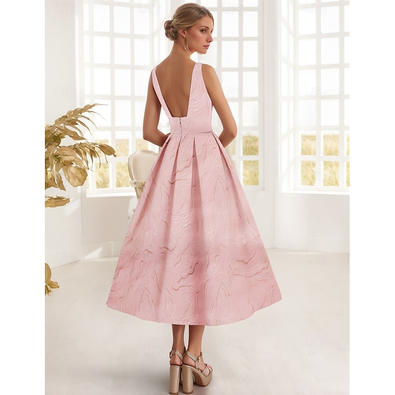 Jacquard Dress 2 Pieces Mother of the Bride A-Line Cocktail Dresses Elegant Dress Formal Semi Formal Dress Wedding Tea Length Sleeveless Square Neck Stretch Crepe with Jacket4