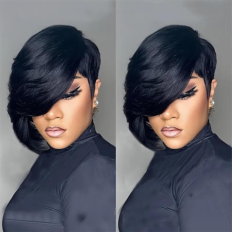 Pixie Cut Wigs for Black Women Model Length Chic Elegent Short Layered Pixie Haircut Wigs With Bangs Synthetic Wig