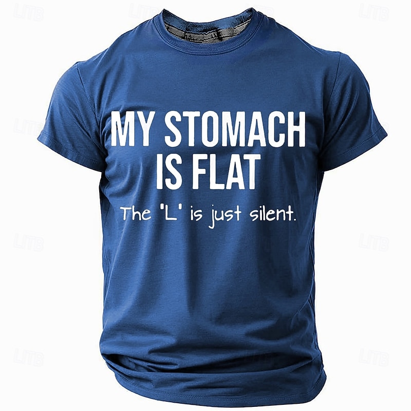 Men's Funny Graphic T-Shirt with 'My Stomach Is Flat, The 'L' Is Just Silent' Pun Humor2