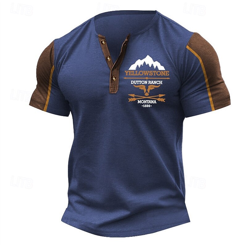 Men's T Shirt Henley Shirt Tee Short Sleeve Shirt Short Sleeve Henley Summer Car Letter Print Fashion Designer Basic Patchwork Vacation Street Going out Black Navy Blue Khaki Top Tee for Men3
