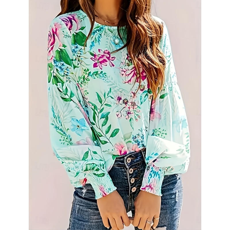 Women's Shirt Floral Tropical Stylish Casual Long Sleeve Crew Neck Regular Tops Daily Print White Pink Green Summer Spring4