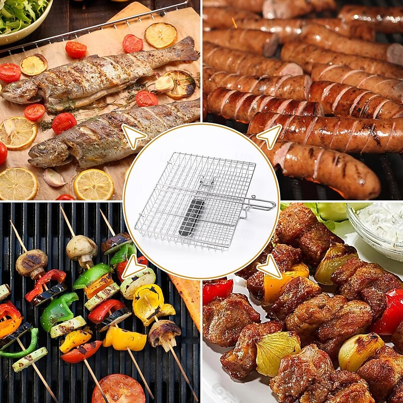Barbecue BBQ Grill Basket with Handle Stainless Steel Grilling Basket Outdoor Camping BBQ Rack for Fish, Shrimp, Vegetables4