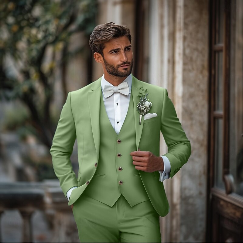 Men's Wedding Suits Sage Formal Summer Solid Colored Standard Fit 3 Piece Single Breasted Two-buttons2