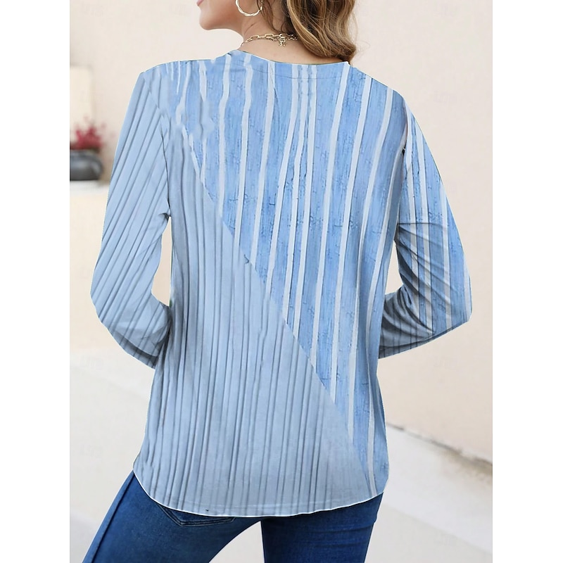 Women's T shirt Long Sleeve Crew Neck Long Sleeve Tunic Graphic Geometric Striped Elegant Vintage Round Neck Regular Tops Daily Going out Weekend Print Pink Blue Prefall2