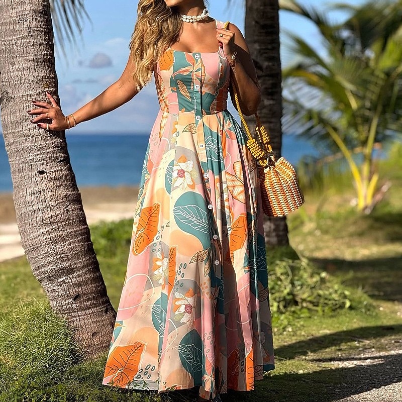 Women's Long Dress Maxi Dress Floral Dress Print Dress Fashion Modern Outdoor Vacation Holiday Regular Fit Flower Sleeveless U Neck Pink Summer - Main Image