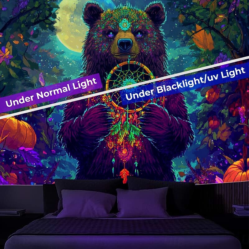 Boho Blacklight Tapestry Glow in the Dark Glow Party UV Reactive Dreamcatcher Trippy Misty Animal Bear Hanging Tapestry Wall Art Mural for Living Room Bedroom4