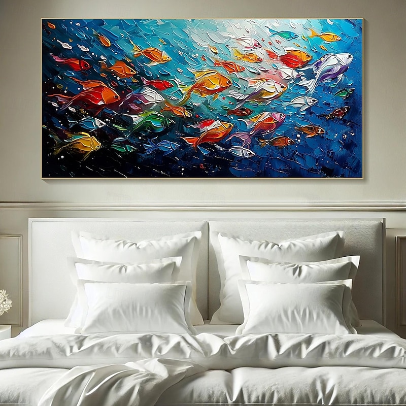 Handmade Original Colorful Fish Oil Painting On Canvas Abstract Fish School Wall Art for Home Decor With Stretched Frame Without Inner Frame Painting