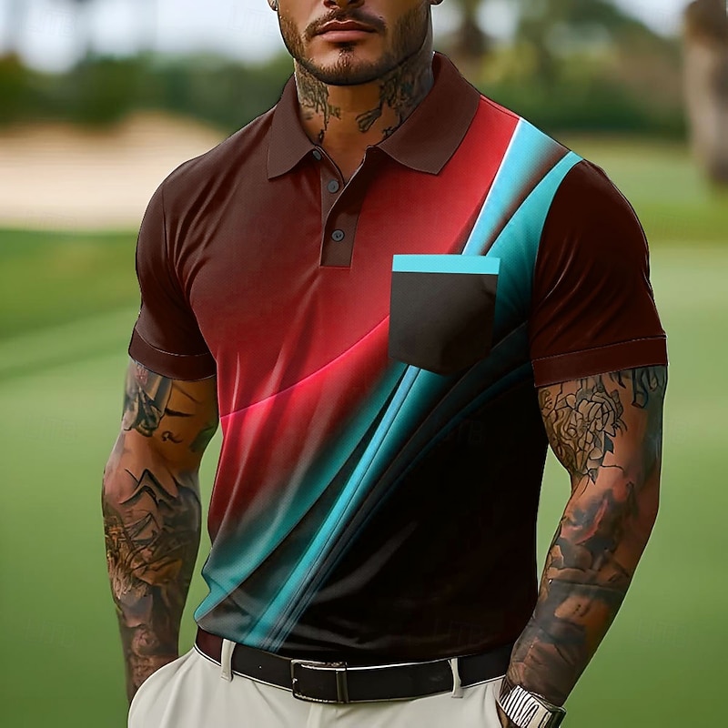 Men's Button Up Polos Street Casual Lapel Short Sleeve Fashion Geometic Line Buttons Pocket Summer Yellow Red Blue Green Button Up Polos3