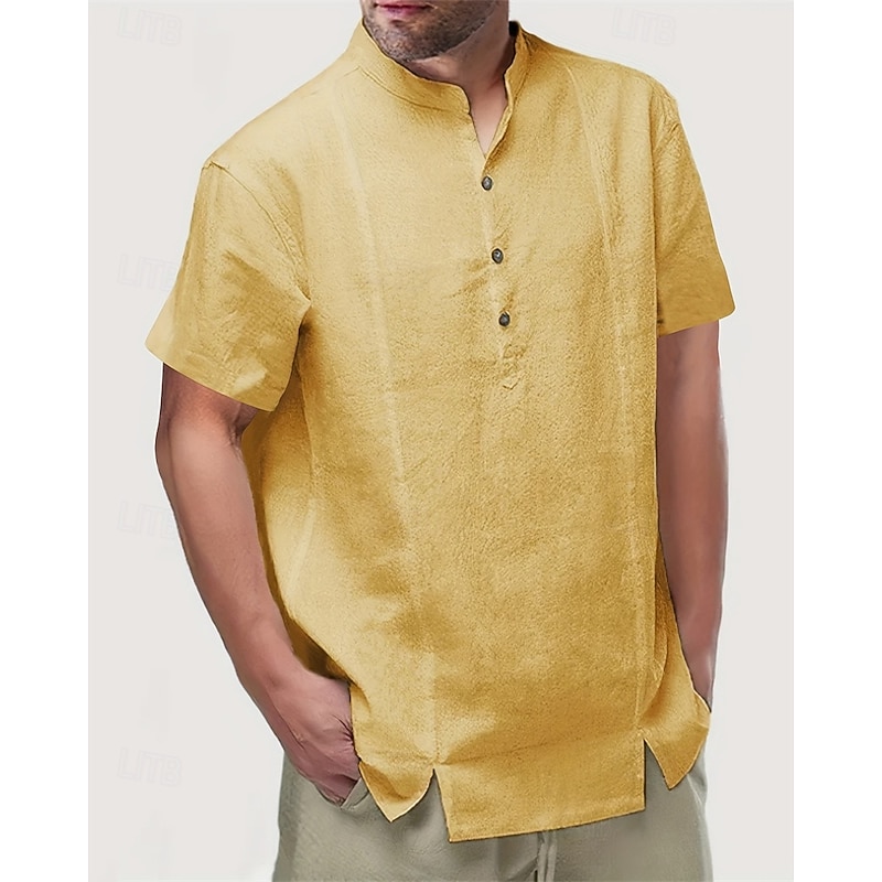 Men's Shirt Popover Shirt Summer Shirt Casual Shirt Beach Shirt Black White Yellow Short Sleeve Plain Band Collar Vacation Hawaiian Buttons Clothing Apparel Polyester Fashion Casual Comfortable2