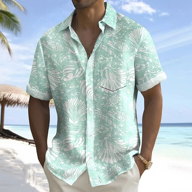 Men's Conch Sea Creatures Summer Hawaiian Shirt Button Up Shirt Aloha Shirt Short Sleeve Hawaiian Holiday Beach Wear Summer Spring Turndown 3D Print Collared Shirts Front One Pocket Green