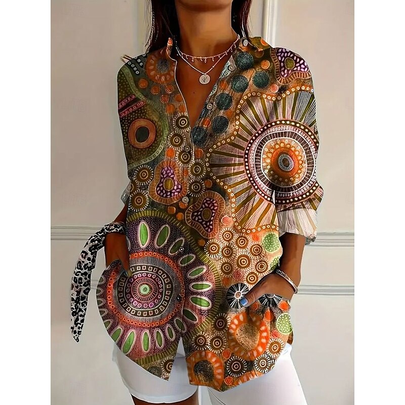 Women's Shirt Button Down Tunic Shirt Collar Long Sleeve Graphic Abstract Daily Stylish Modern Regular Tops Work Daily s Print Red Blue Orange Spring