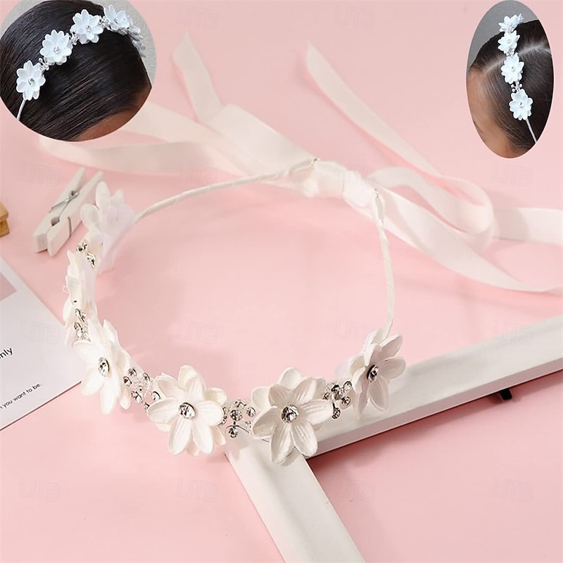 Flower Girl Headpiece Princess Wedding Headband Girls First Communion White Floral Wreath Hair Accessory4