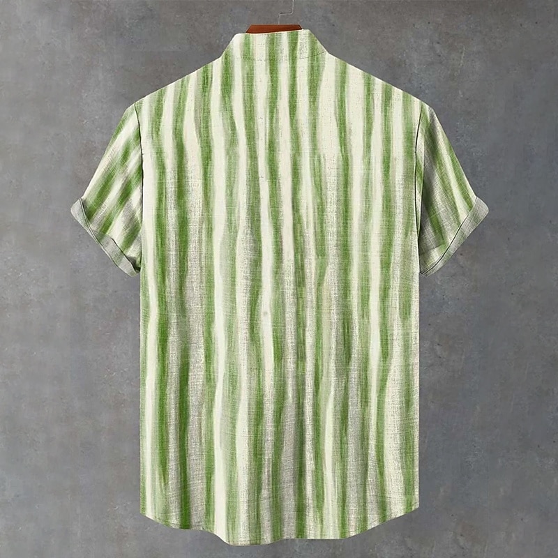 Men's Linen Shirt Popover Shirt Summer Shirt Casual Shirt Henley Shirt Stripe Vacation Casual Green Short Sleeve Mandarin Collar Summer Spring Clothing Apparel2