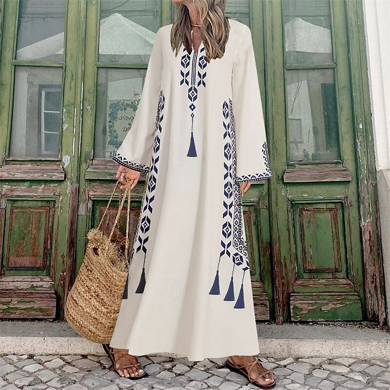 Women's Long Dress Maxi Dress Casual Dress Kaftan Dress Muslim Outdoor Party Holiday Regular Fit Geometric Long Sleeve V Neck Black White Summer2