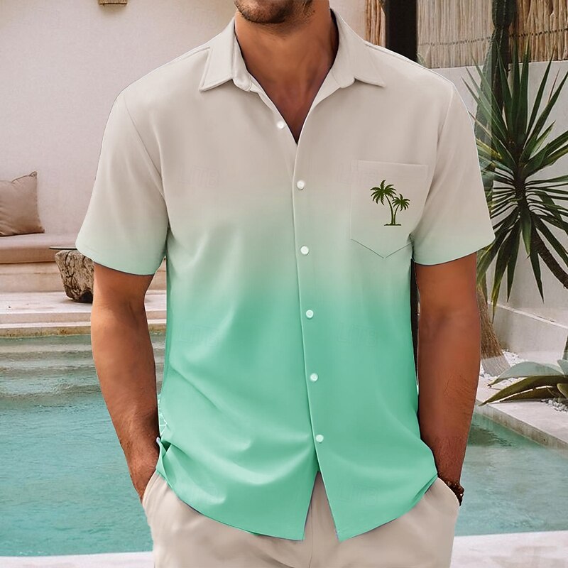 Men's Coconut Tree Gradient Color Summer Hawaiian Shirt Button Up Shirt Aloha Shirt Short Sleeve Hawaiian Vacation Holiday Beach Wear Summer Spring Turndown 3D Print Collared Shirts Front One Pocket3