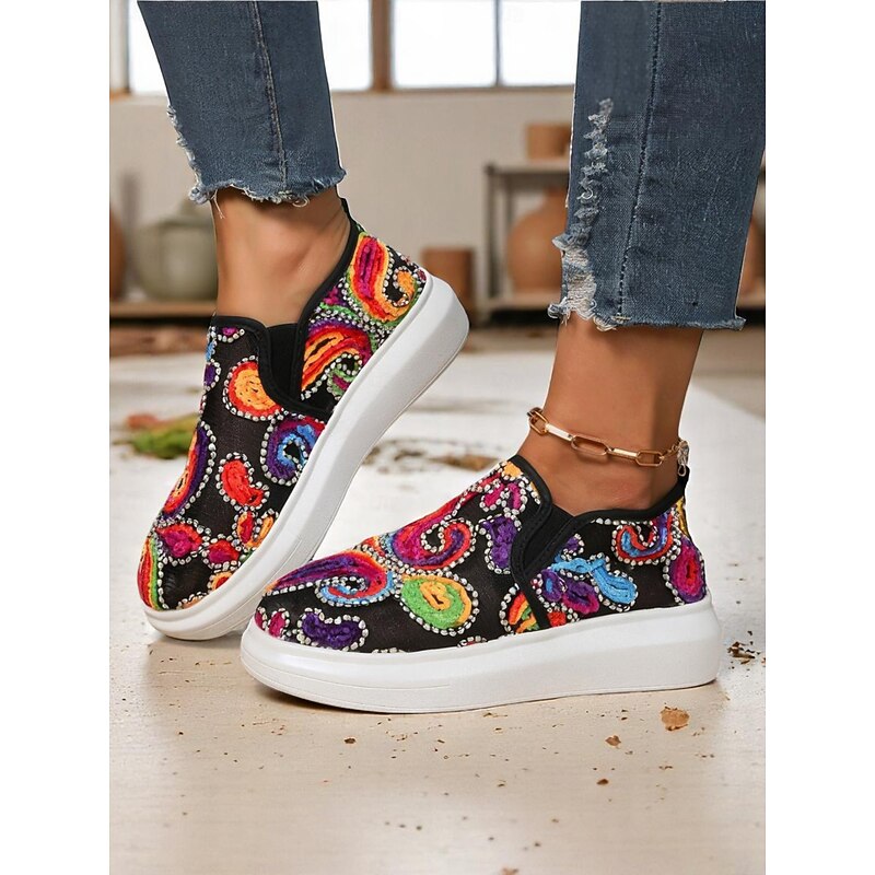 Women's Embroidered Slip-On Sneakers - Colorful Paisley Design with Comfortable Sole, Ideal for Casual Daywear and Fashion-Forward Looks3